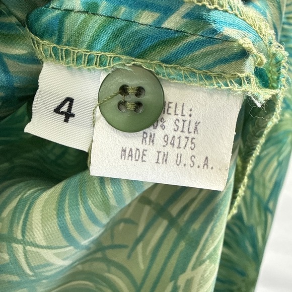 MILLY 100% Silk Shirt Dress Sz 4 Green Abstract Palms 3/4 Sleeves Button Down - Picture 7 of 11